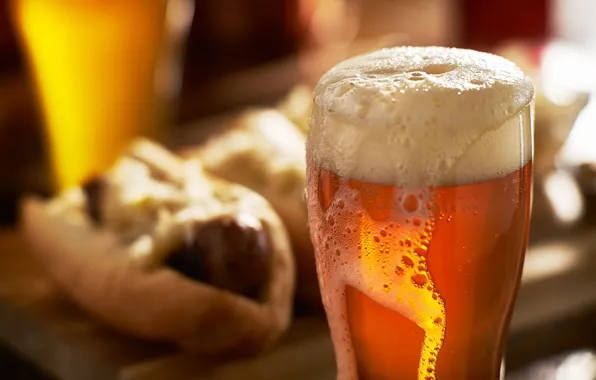 Picture Beer, glass, depth of field, foam, hot dog, drink, mug, food