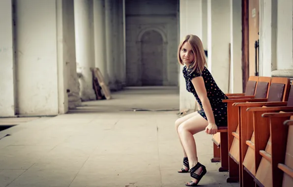 Girl, model, chairs, corridor, sitting