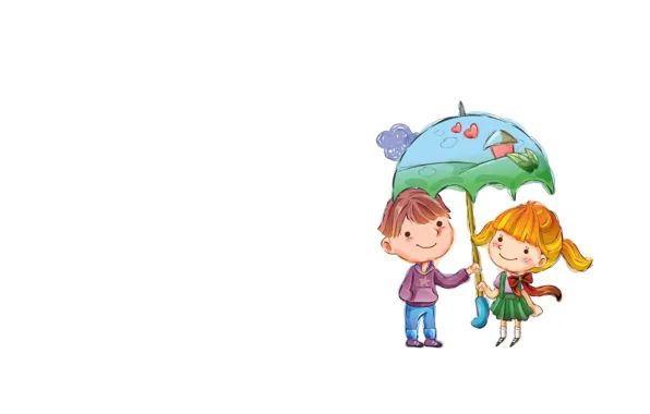 Picture umbrella, background, boy, art, friendship, girl