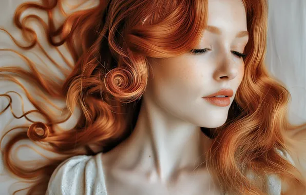 Girl, face, portrait, redhead, long hair, neck, curls, closed eyes