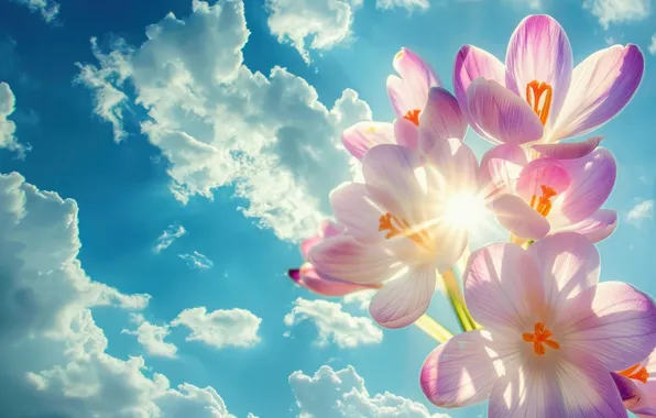 The sky, the sun, clouds, rays, light, flowers, lights, spring