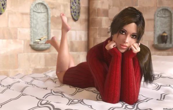 Picture rendering, bed, jacket, red, ponytail, girl. look