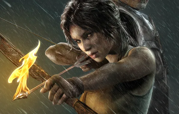 Picture girl, rain, fire, the game, arrow, Tomb Raider, girl, game