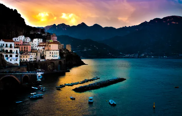 Sea, sunset, mountains, Italy, Amalfi, Italian, Tyrrhenian Sea