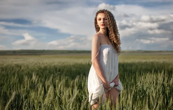 Picture field, the sky, the sun, clouds, nature, pose, model, portrait