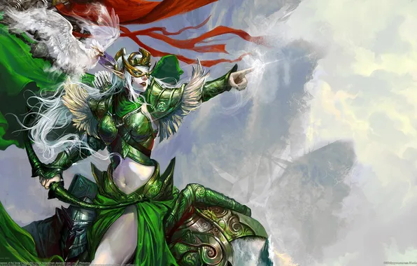 Girl, green, bird, mask, bow, art, chen wei, banner