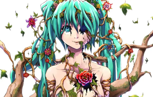 Leaves, girl, flowers, roots, art, vocaloid, hatsune miku, Vocaloid