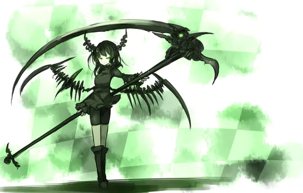 Picture girl, weapons, wings, anime, art, horns, braid, black rock shooter
