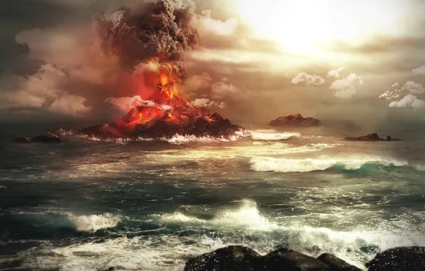 Sea, clouds, the volcano, the eruption