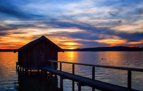 Sunset, bridge, lake