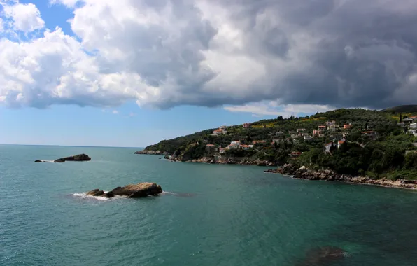 Sea, clouds, trees, stones, shore, home, horizon, Montenegro