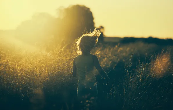 Grass, the sun, photo, running, girl, vintage