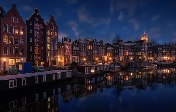 Picture the city, lights, the evening, Amsterdam, channel, Netherlands