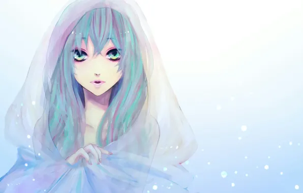 Picture girl, snow, face, figure, hood, vocaloid, hatsune miku, Vocaloid