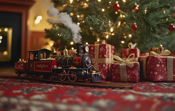 Lights, carpet, toy, smoke, train, the engine, Christmas, gifts