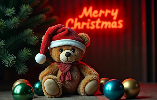 Balls, branches, lights, the inscription, toy, bear, Christmas, bear