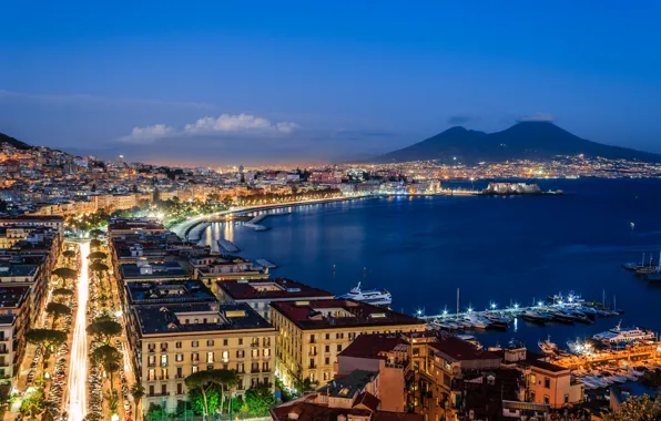 Sea, the sky, clouds, lights, boats, Italy, twilight, cars