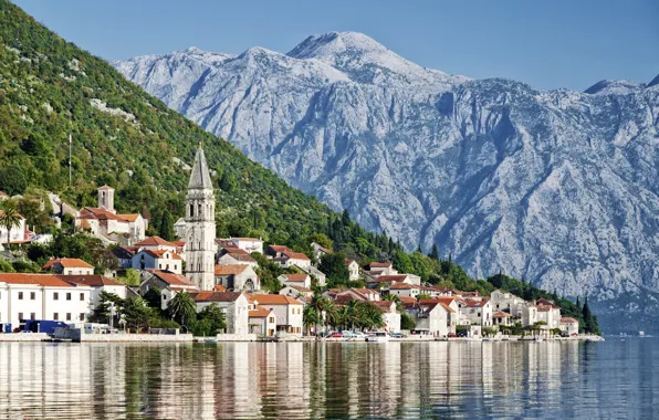 Picture sea, mountains, home, Montenegro, Perast