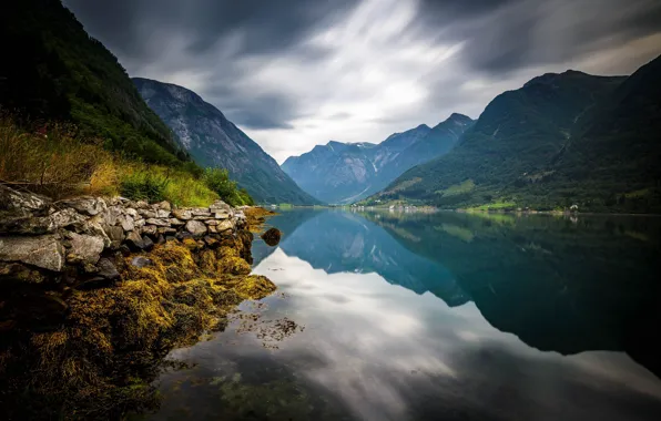 Picture the sky, mountains, lake, reflection, Norway, Norway, Sogn and Fjordane, Gronlund