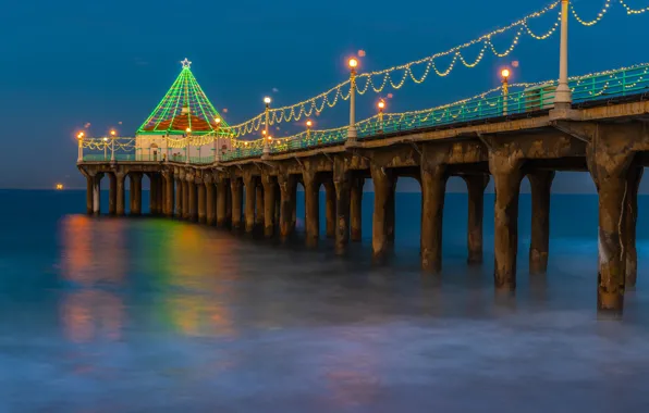 Photo, Nature, The evening, Pier, Bay, CA, New year, USA
