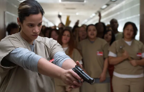 Girl, gun, pistol, weapon, woman, brunette, prison, uniform