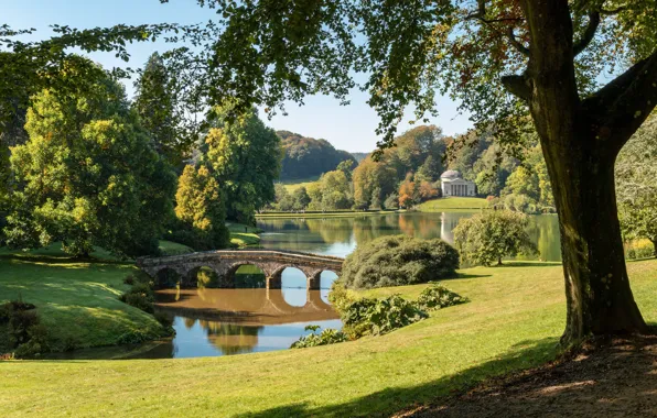 Trees, bridge, lake, Park, England, England, Wiltshire, Wiltshire