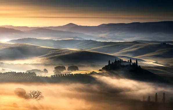 Picture field, mountains, fog, hills, Italy, Tuscany