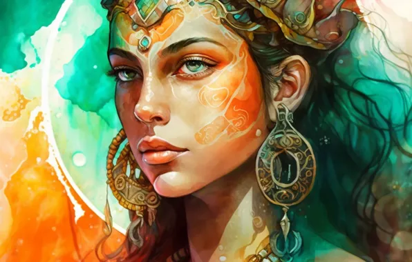 Girl, portrait, earrings, digital painting, headdress, digital art, AI art, neural network
