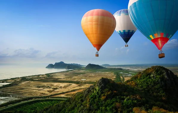 Road, sea, mountains, balloons, hills, shore, view
