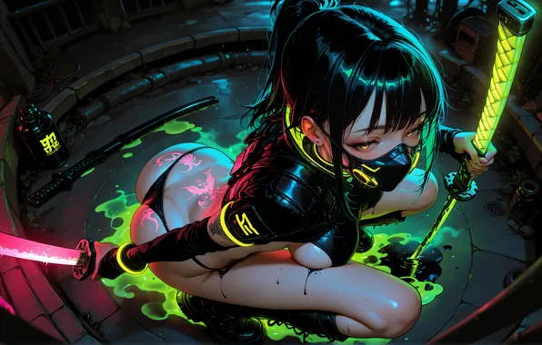 Girl, katana, neon, katana, thong, neon, tattoo, women