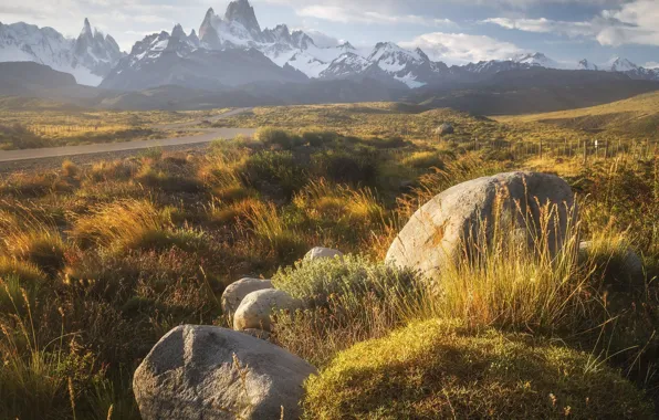 Grass, clouds, landscape, mountains, nature, stones, Patagonia, Anton Rostov