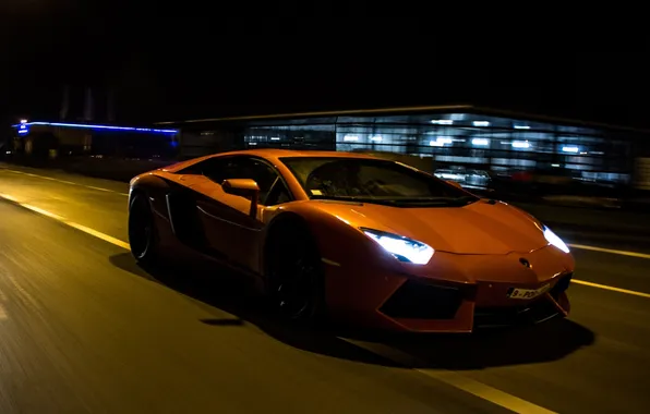Picture road, night, speed, lamborghini, headlights, aventador, lp700-4, Lamborghini