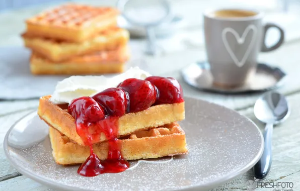 Picture strawberry, dessert, waffles, jam