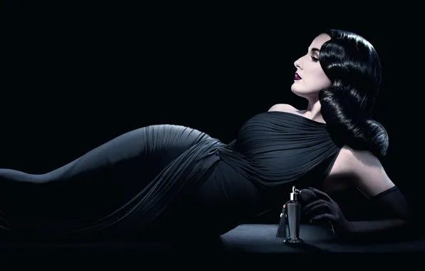 Picture girl, model, makeup, brunette, bottle, black dress, perfume, Date von Teese