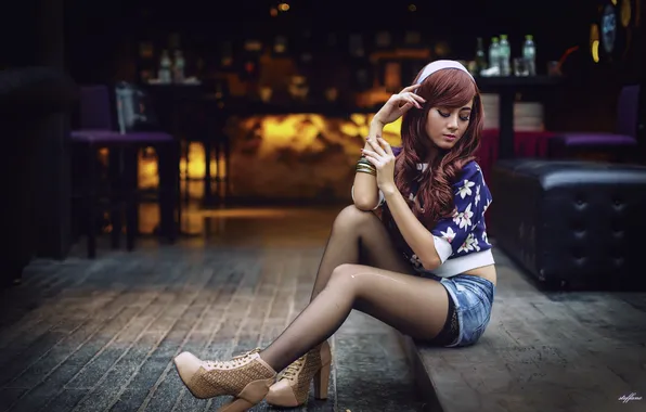 Girl, pose, shorts, portrait, stockings, makeup, hairstyle, brown hair