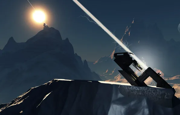 Mountains, planet, ray, Hot Signal, halo beam 20-II