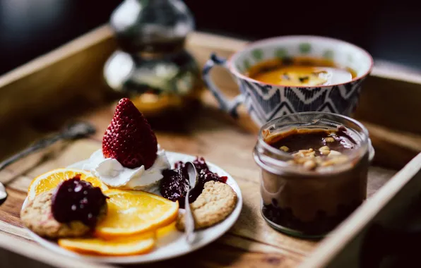 The dark background, table, tea, oranges, Breakfast, cookies, strawberry, berry