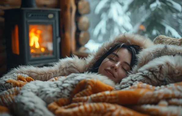 Forest, girl, smile, comfort, house, heat, room, fire