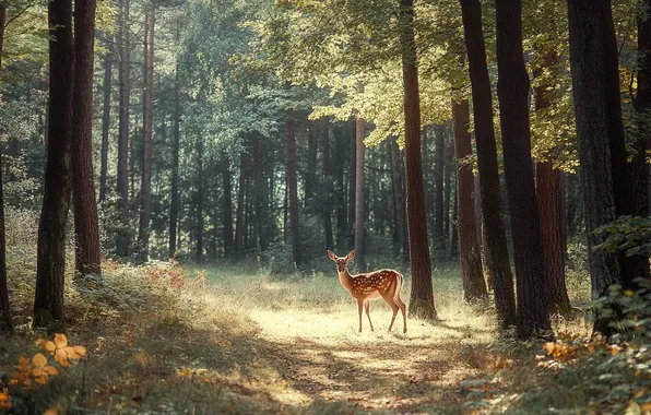 Forest, light, trees, landscape, branches, nature, trunks, deer