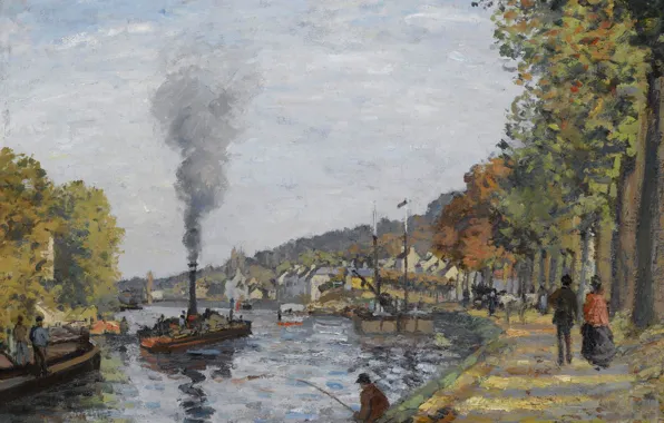 River, smoke, ship, fisherman, steamer, Camille Pissarro, The Seine at Bougival, Camille Pissarro