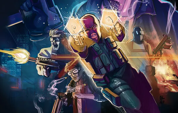 The city, weapons, fire, mask, the bandits, MAXIMUM Action