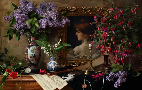 Notes, picture, vase, still life, lilac, Lily of the valley, fuchsia, the flute