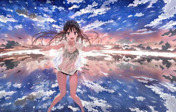 Picture the sky, girl, clouds, anime, art