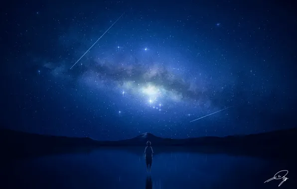 Picture night, lake, boy, the milky way, shooting star