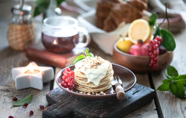 Plate, currants, pancakes, sour cream, cutting Board, Karina Klachuk