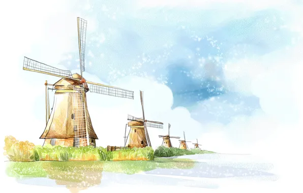 Water, clouds, figure, mill