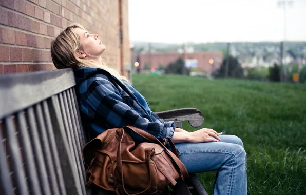 Picture grass, look, girl, bench, nature, background, situation, wall