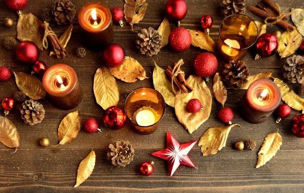 Picture leaves, balls, sticks, candles, New Year, Christmas, red, cinnamon