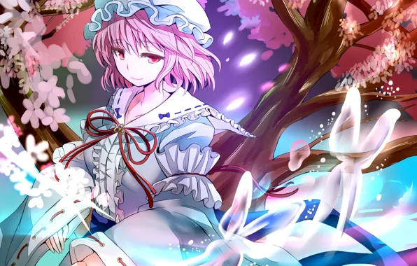 Picture girl, trees, flowers, butterfly, anime, petals, fan, art