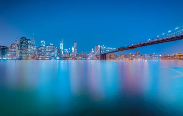 Picture the sky, lights, river, skyscraper, home, New York, USA, Brooklyn bridge